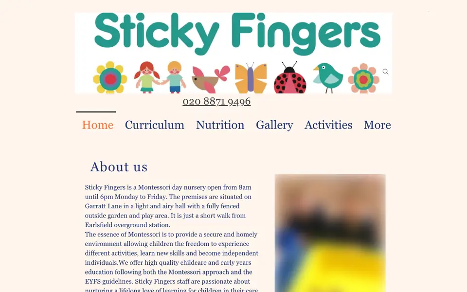 Home page of Sticky Fingers Montessori Day Nursery's website